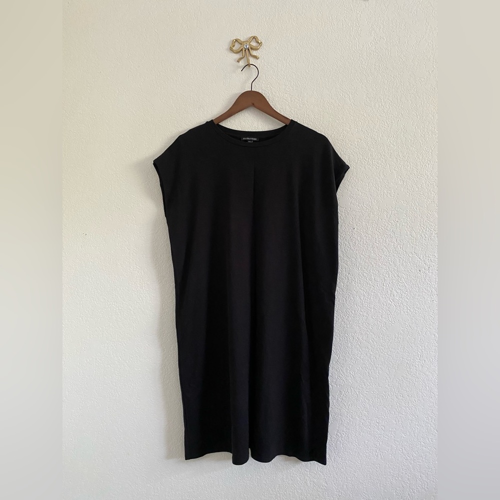 EILEEN FISHER Black Tencel Organic Cotton Boxy Muscle Tee Dress Size XS Terry